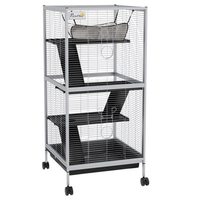 PawHut Metal Small Animal Cage Rolling Big Ferret Cage, Chinchilla Cage, Sugar Glider Cage, with Hammock & 4 Tiers, Removable Tray