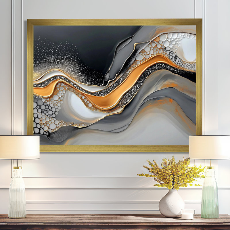 Fractal Golden And Grey Ink Shift II - Abstract Modern Transitional Print Wall Art, Picture Framed Print, 12" H x 20" W, Gold