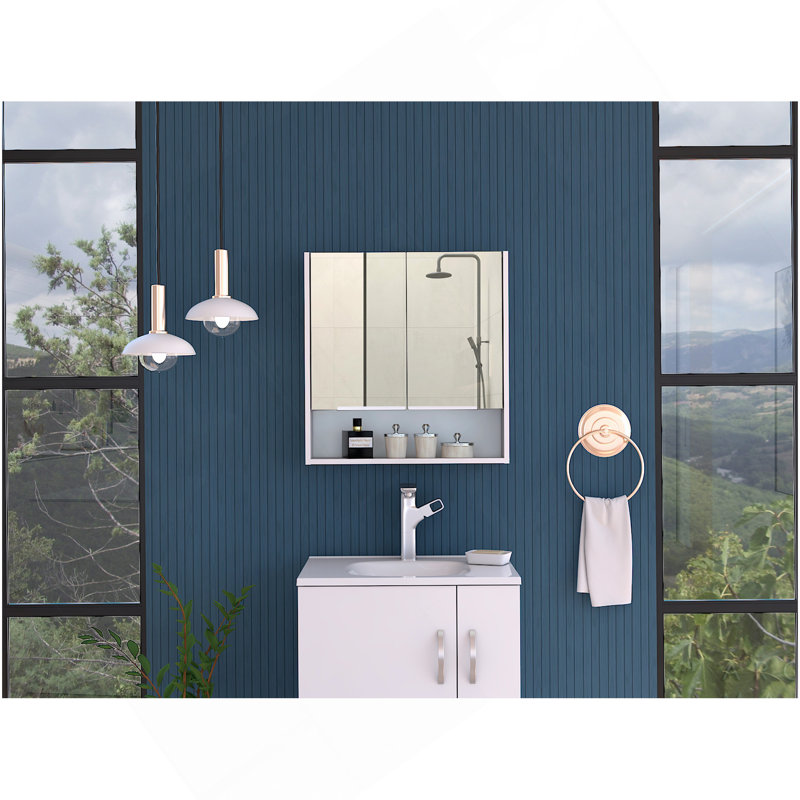 Jaspe Mirror Cabinet, Three Internal Shelves, One Open Shelf, Double Door Cabinet -Black, Blanc