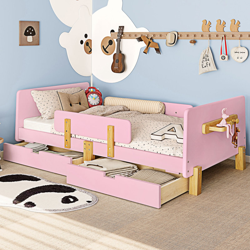 Lit plateforme double en bois avec tiroirs, tablette et crochets, Lit simple, Rose