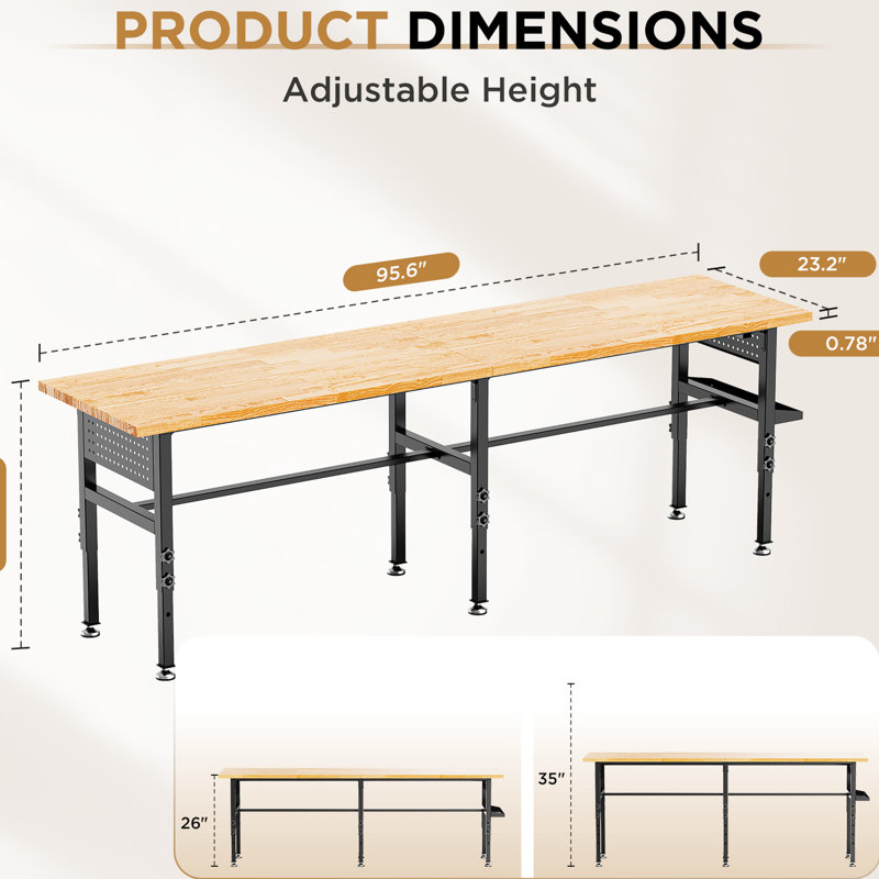 Fabriqué en bois massif de 244 cm de long, capacité de charge de 907 kg, hauteur réglable, côtés et alimentation intégrée - Plateau de 244 cm, coffre de rangement, roulettes - Idéal pour les projets de menuiserie