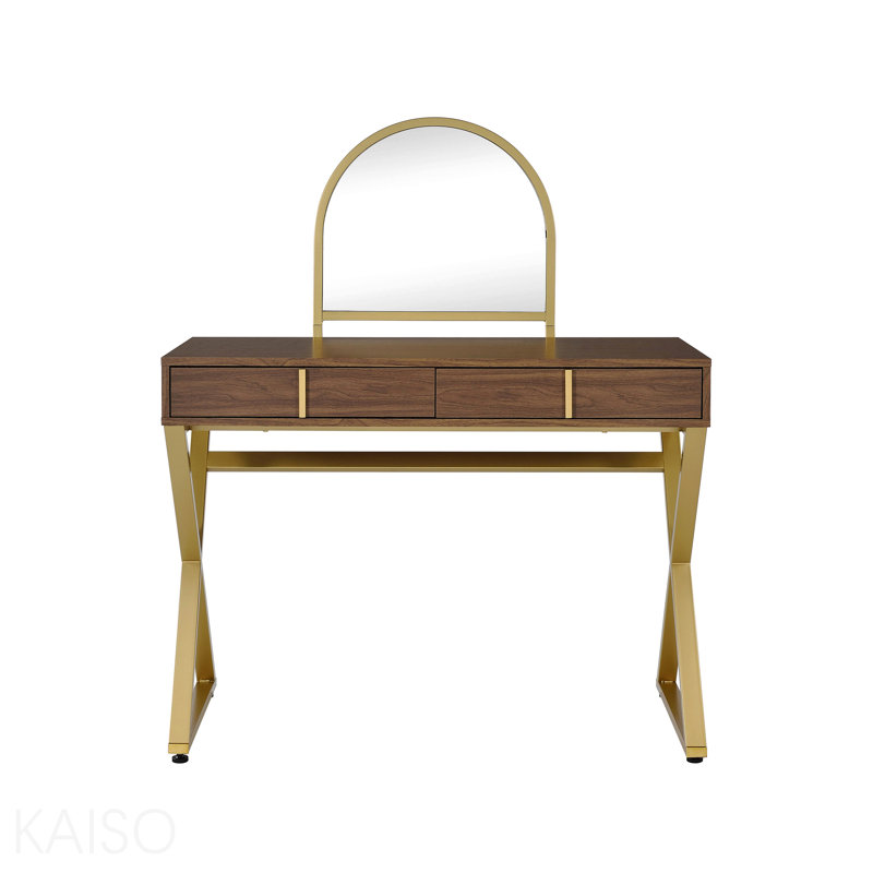 Walnut & Gold Finish Vanity Desk W/Mirror & Jewelry Tray