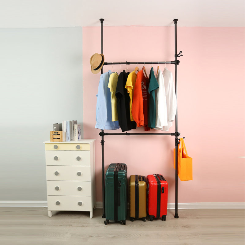 Telescopic Garment Rack, Heavy Duty Design Movable DIY By Hand No Damage To Wall Ceiling Hanging Rail, 31-47In Wide Adjustable, 120 Kilogram Loading, Reach Hook Included