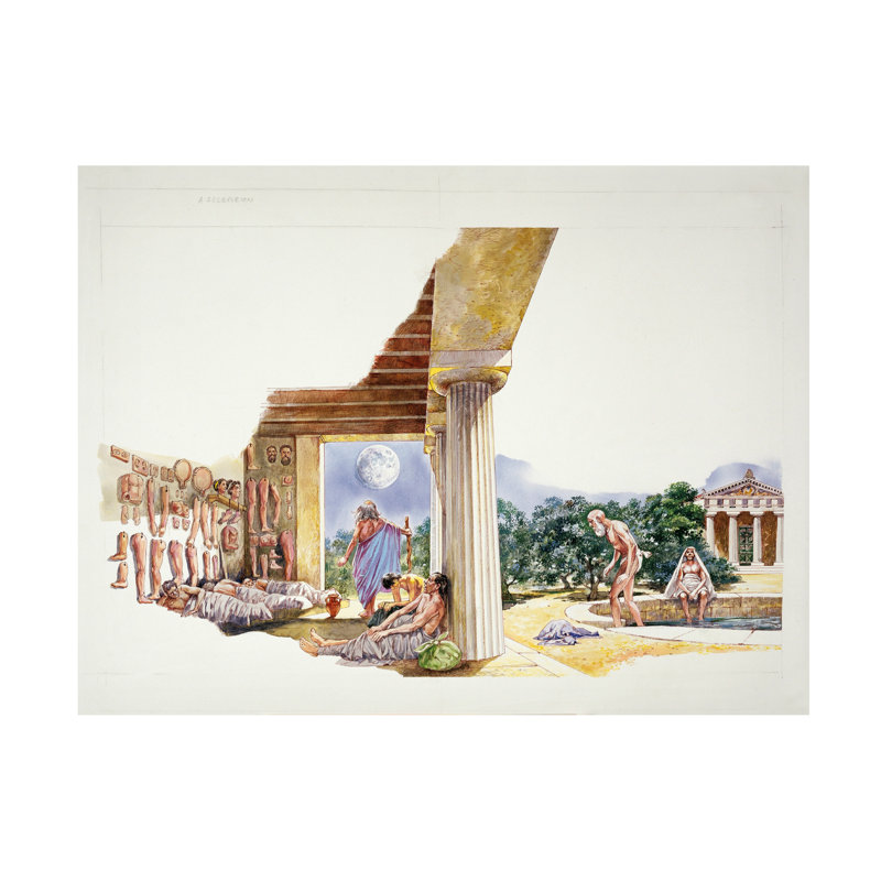 Art italien sur toile, école italienne antique, Reconstruction de l'Asclépiéion, H 14 po x l 19 po
