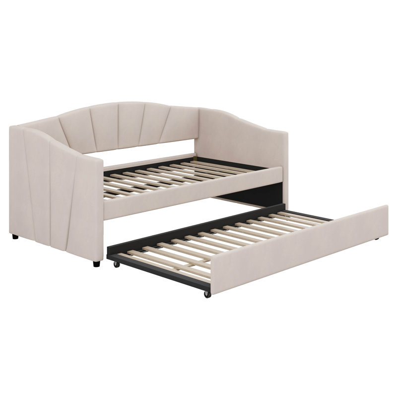 Ellengard Upholstered Daybed Sofa Bed Twin Size With Trundle Bed And Wood Slat, Beige