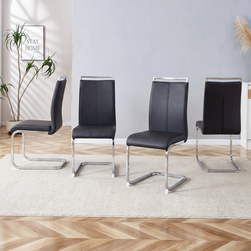 Modern Faux Leather Cantilever Dining Chairs with Chrome Base and Metal Handle (Set of 4), Black, Silver, 4