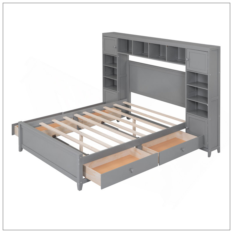 Lit double en bois avec armoire et tablette tout-en-un