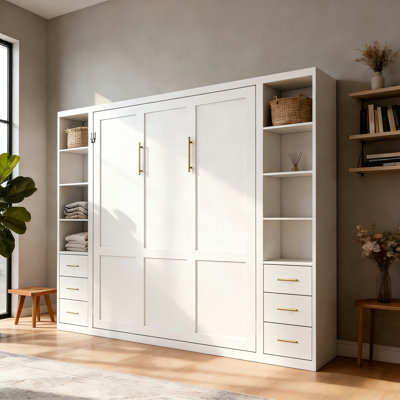 Grand lit escamotable moderne avec rangement, cadre de lit mural peu encombrant avec armoires à tiroirs, lit escamotable pour le bureau personnel d'une chambre d'amis