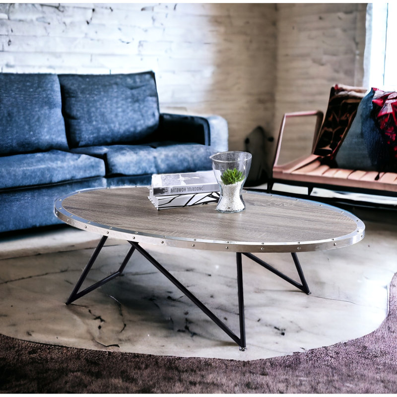 Oval Metal Base Coffee Table, Weathered Gray Oak Top, 70lbs Weight Limit Table With Black And Oak, Limit, 15in Height