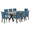 Ensemble de table de salle à manger 9 pièces moderne comprenant une table de salle à manger rectangulaire avec pieds en X et 8 chaises Parsons en tissu bleu, finition noire brossée-334533425-334533427