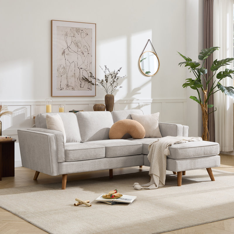 Havens 84'' Upholstered Reversible Sectional Sofa with Chaise, Movable Ottoman, Solid Wood Legs and Frame, Khaki Chenille