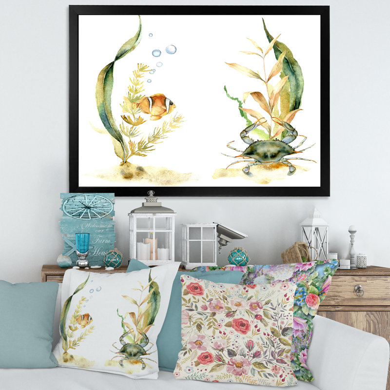 Poisson tropical avec algues et bulles d'air - peinture sur toile, H 16 po x l 32 po x p 1 po, Cadre photo noir