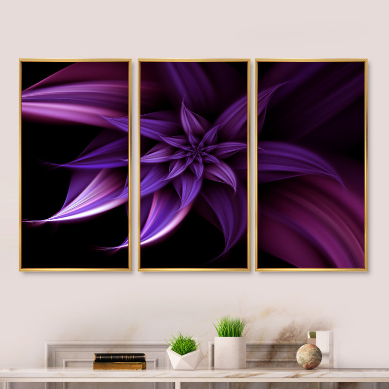 Fractale fleur mauve - 3 pièces, cadre flottant, impression sur toile, Or, H 20 po x l 36 po