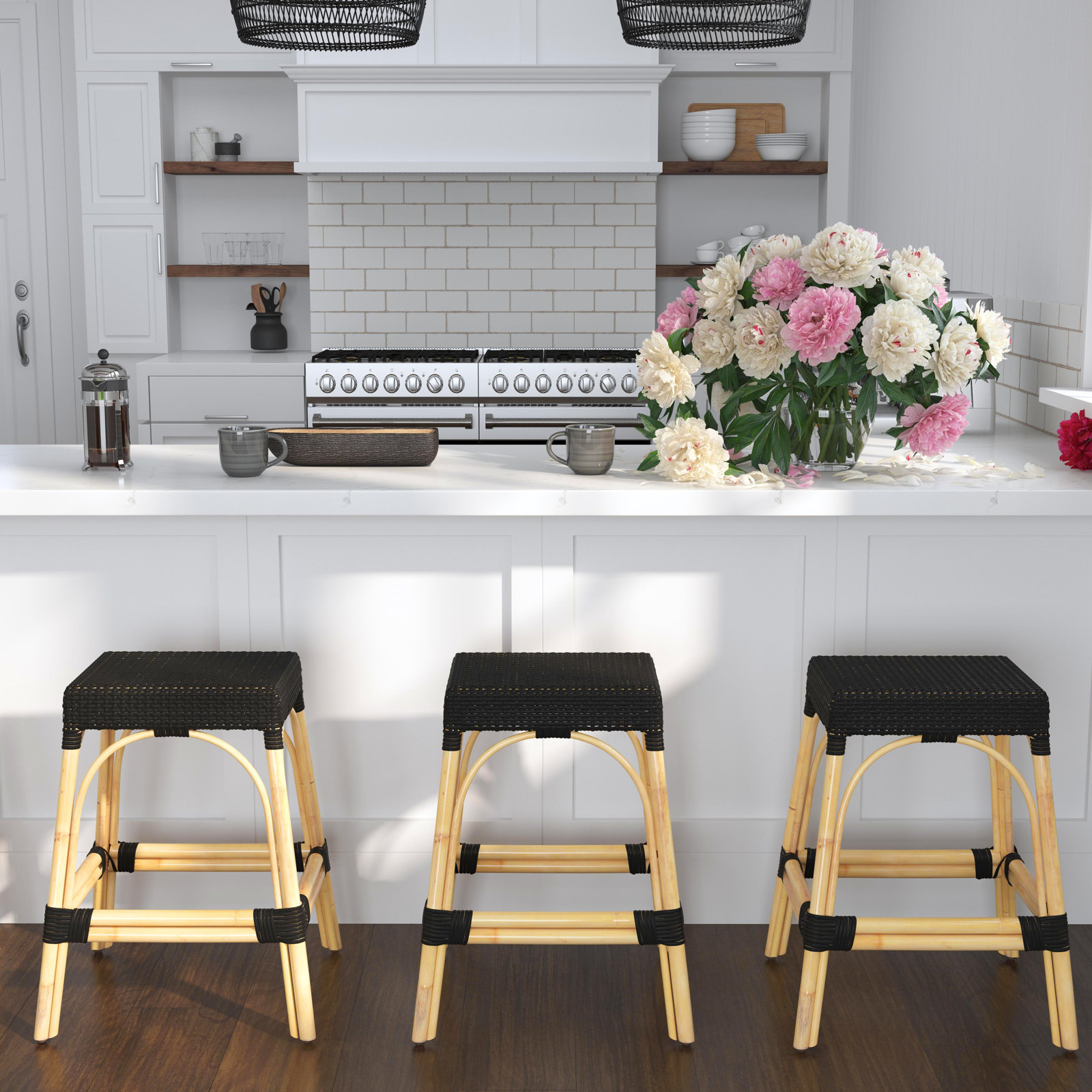 Lennart Bar and Counter Stool, Black/ Natural Rattan Frame, Counter Stool (24.5" Seat Height)