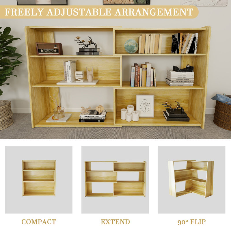 Expandable Bookshelf with Solid Wood Core, 3-Tier Ladder Bookcase, Extendable Corner Shelf for Small Space in Living Room, Study, Bedroom, Light Wood