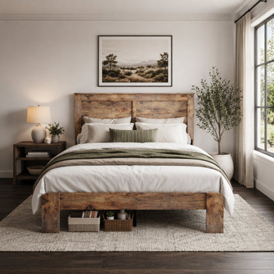 Bed Frame, Industrial Solid Wood Platform Bed Frame, Noise Free Wood Slat Support, Large Under Bed Storage Space, No Box Spring Required, Easy Assembly, Sturdy Bed Base for Bedroom(No Mattress)