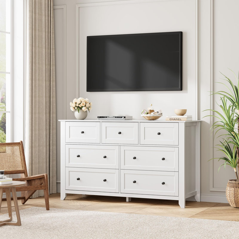 7 Drawer Dresser for Bedroom, 54" Wide Large Dresser with Deep Drawers & Metal Knobs, Modern Wooden Chests of Drawers, White