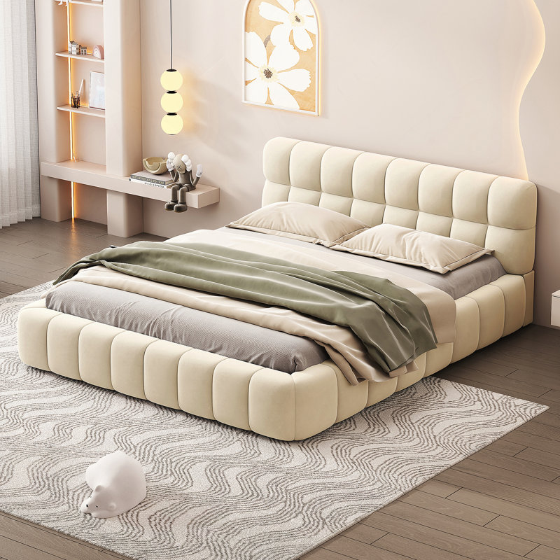 Lit plateforme tapissier avec tissu épais, lit au sol avec structure solide, Beige