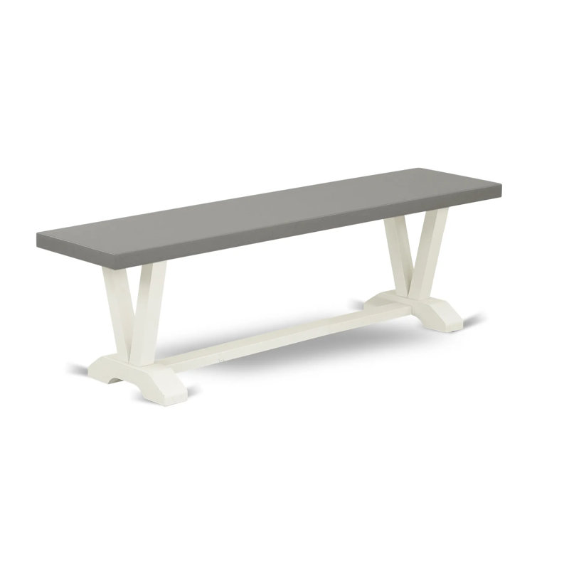 V-Style Mid Century Modern Dining Bench with Solid Wood Seat, Cement, 18" H x 15" W x 60" D, Cement/Linen White