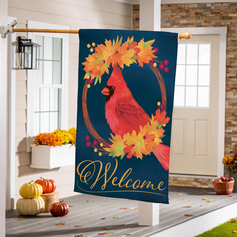 Automne, cardinal, couronne, toile de jute, drapeau de maison