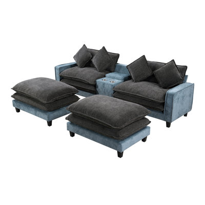 111" Sectional Sofa Chenille Upholstered Sofa with Two Removable Ottoman, Two USB Ports, Two Cup Holders and Large Storage Box for Living Room