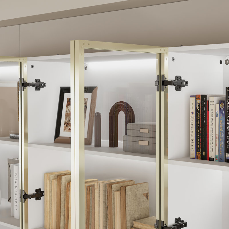 Ensemble de bibliothèque 3 pièces (94,5 po L x 78,7 po H) avec portes en verre trempé, éclairage DEL, étagères à 4 niveaux et 6 tiroirs