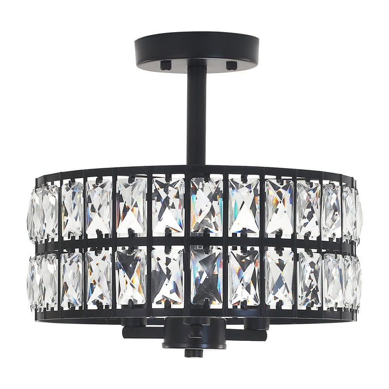 3-Light Crystal Ceiling Light Fixture Semi Flush Mount Chandelier with Drum Shade, Black