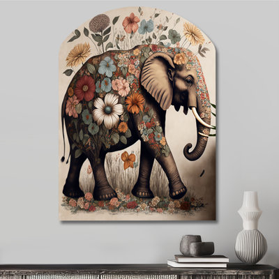 Rétro éléphant entouré de fleurs II - animaux éléphants en forme d'arche, art mural asymétrique