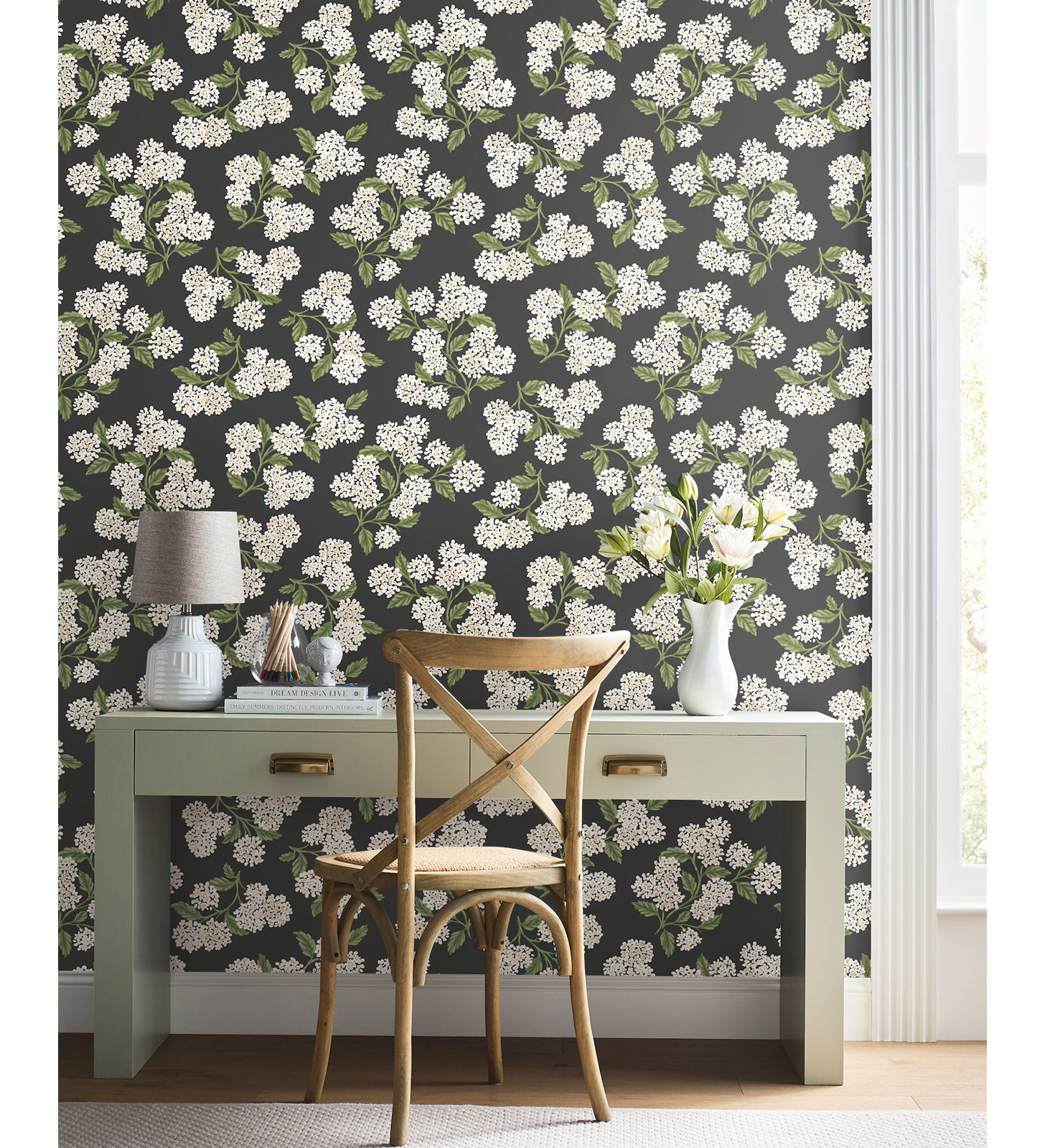 Hydrangea White Peel and Stick Wallpaper, Black