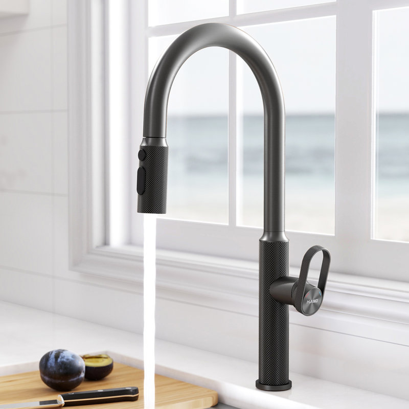 MASO Kitchen Faucet with Pull-Down Sprayer, 3 Spray Modes, Single Handle High Arc Sink Faucet for Kitchen, RV, Laundry and Bar, 304 Stainless Steel,Brushed Gray