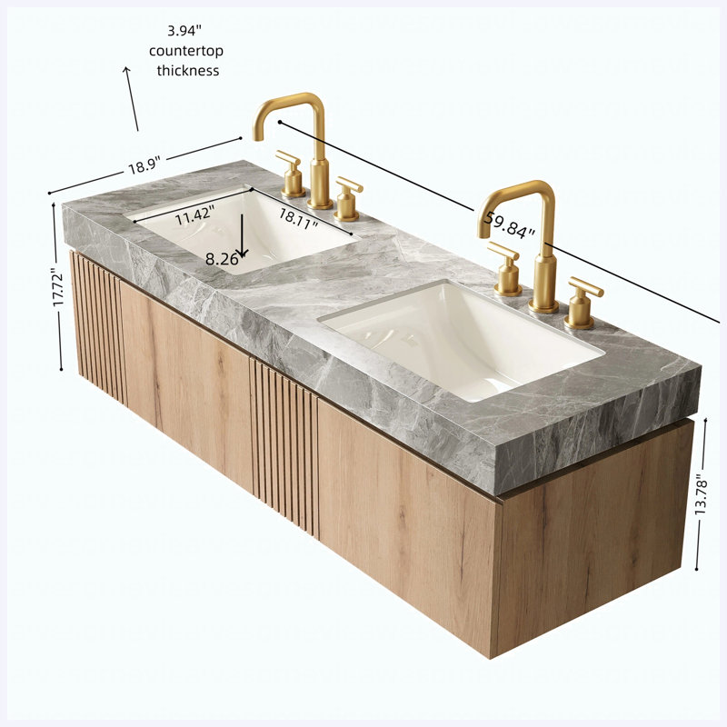 Meuble-lavabo flottant 60 po à double cuve 60 po, armoire en contreplaqué avec 2 tiroirs et portes, plateau en pierre frittée gris clair et 2 lavabos en céramique, grain de bois de chêne blanc, pré-assemblé