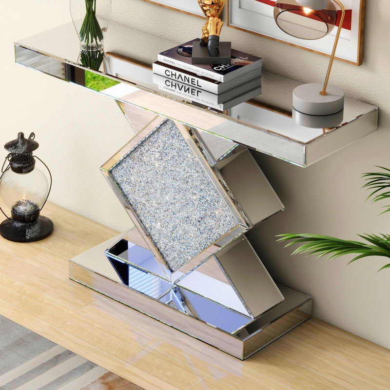 Andreja Mirrored Glass Console Table with Crushed Diamond Inlay