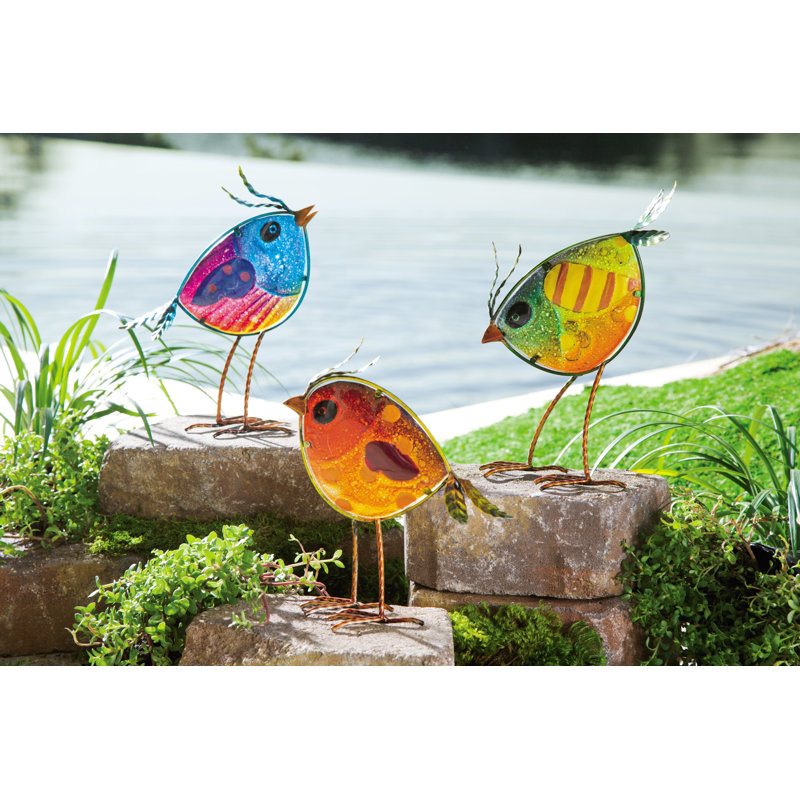 Statues d'oiseaux d'intérieur / extérieur en verre et métal iridescent, ensemble de 3