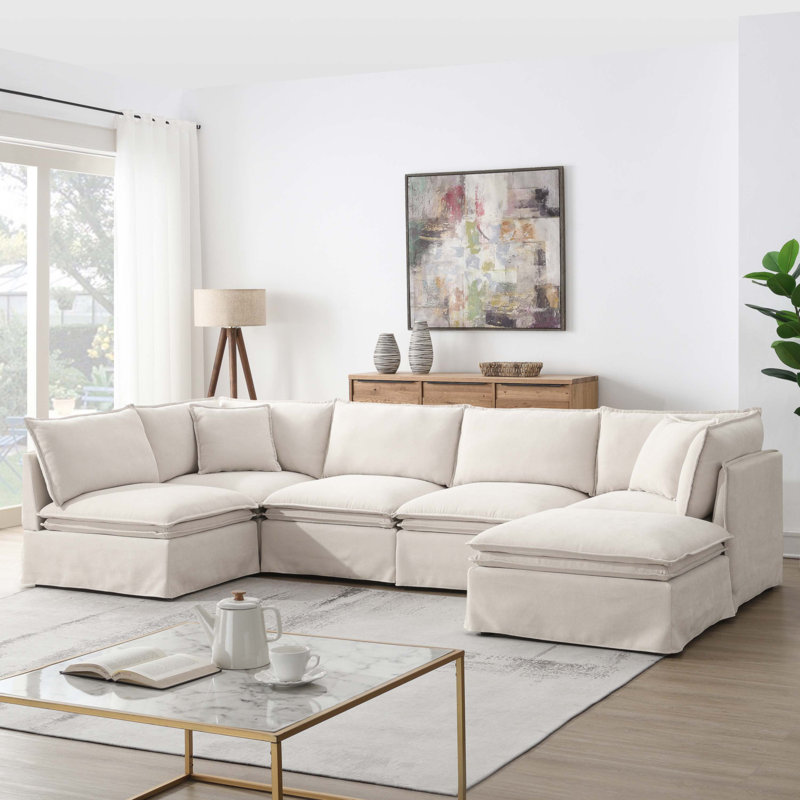 125.5'' Modular Sectional Sofa With Movable Ottoman, Off White