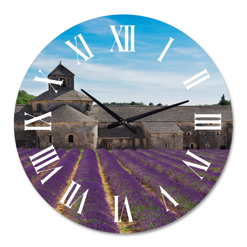 Lavande champ avec abbaye en France - horloge murale de ferme, Surdimensionné