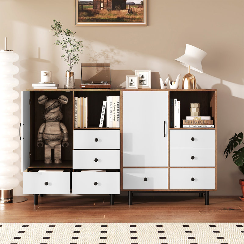 Buffet Sideboard w/ 4 Drawers & Open Compartment Heavy-Duty Metal Legs Natural, Natural/White
