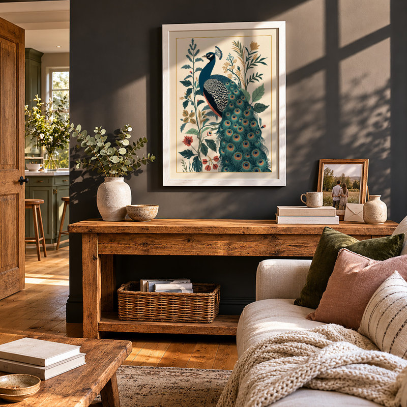 Peacock in Bloom Boho - Framed Print, A4 - 29.7 x 21.0 cm, White