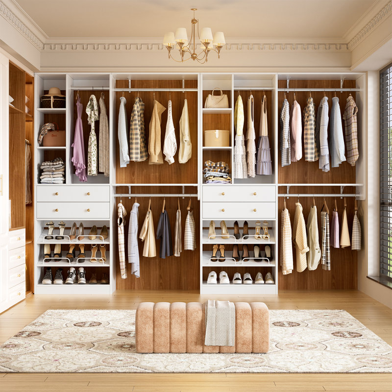 Système de rangement pour garde-robe de 5 pi avec tiroirs, système de rangement pour garde-robe de 96 po avec porte-chaussures, 3 tringles de suspension, support à vêtements mural pour garde-robe de chambre à coucher