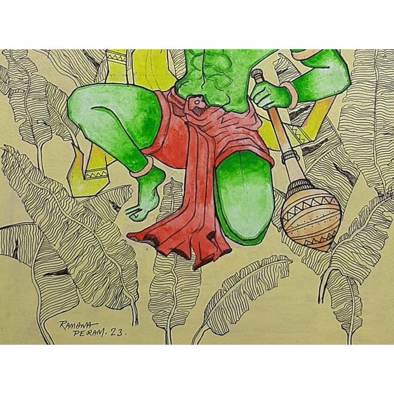 Veer Bajarangi tenant la montagne des herbes de Sanjeevani | Acrylique sur papier Canson | Ramana Peram