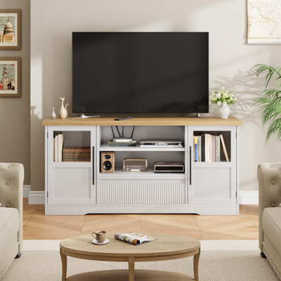 63" Farmhouse TV Stand for TVs up to 72", Wave-Pattern Media Console with Glass Cabinets & Open Shelves