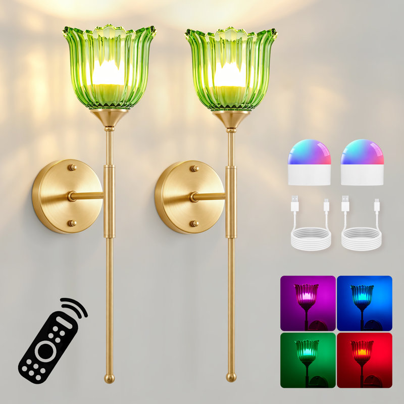 Set of 2 Battery Operated Wall Sconces With Remote Control With Green Tulip Glass Lampshade