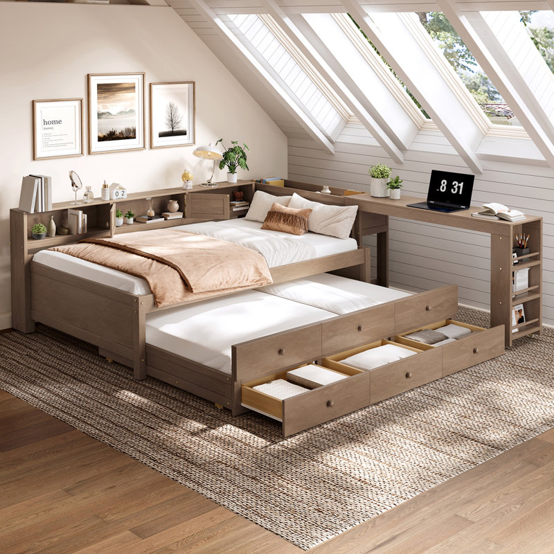 Lit de jour avec couchette, structure en bois, tiroirs de rangement, tablettes latérales et bureau intégré de style rétro