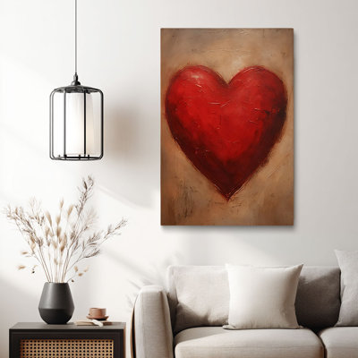 Textured “Vintage Red Heart with Brushstrokes” Romantic Canvas Wall Art Stretched Frame for Cozy Studio