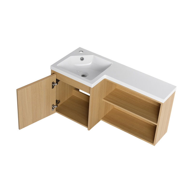 Meuble-lavabo de coin flottant en forme de L 36 po avec lavabo en résine intégré, chêne clair et unité murale blanche moderne
