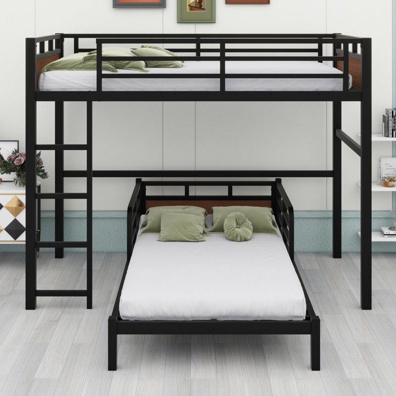 Metal Separable Bunk Beds With Raised Security Fence, Black/Walnut