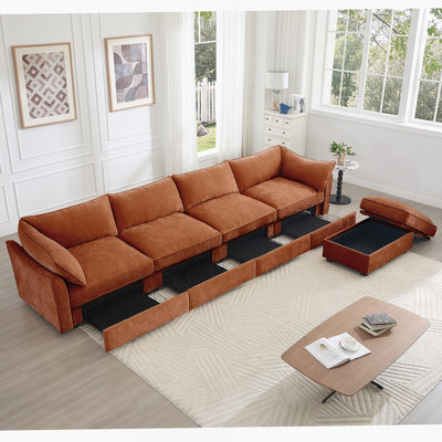 Canapé modulaire en L à 4 places avec repose-pieds mobile, accoudoirs en forme de croissant et coussins enveloppants en tissu chenille