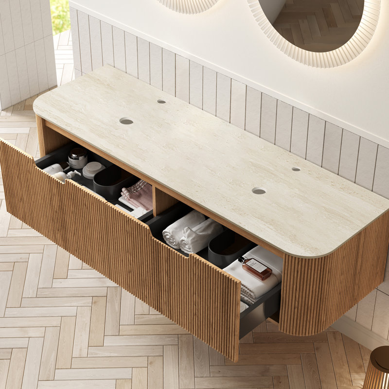 Armoire murale en contreplaqué 60 po, surface en pierre frittée romaine, 2 tiroirs avec poignées rainurées, grain de bois jointé beige,