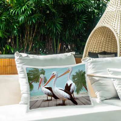 Coussin d'extérieur imprimé tropical Pelicans on Dock par Ziwei Li