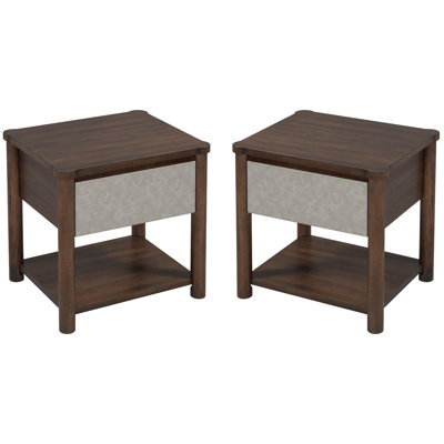 Wood Nightstand,Modern Nightstands With Drawer, Farmhouse Bedside Table For Bedroom Living Room,MP2(Set Of 2)  Walnut&Light Grey Color