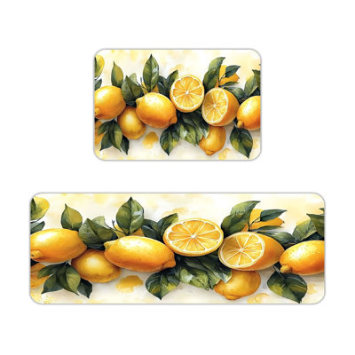 Tapis de cuisine aquarelle motif citron 2 pièces blanc jaune